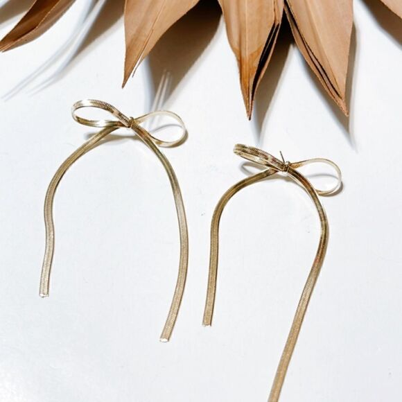 Gold bow drop earrings #96 - Picture 6 of 6